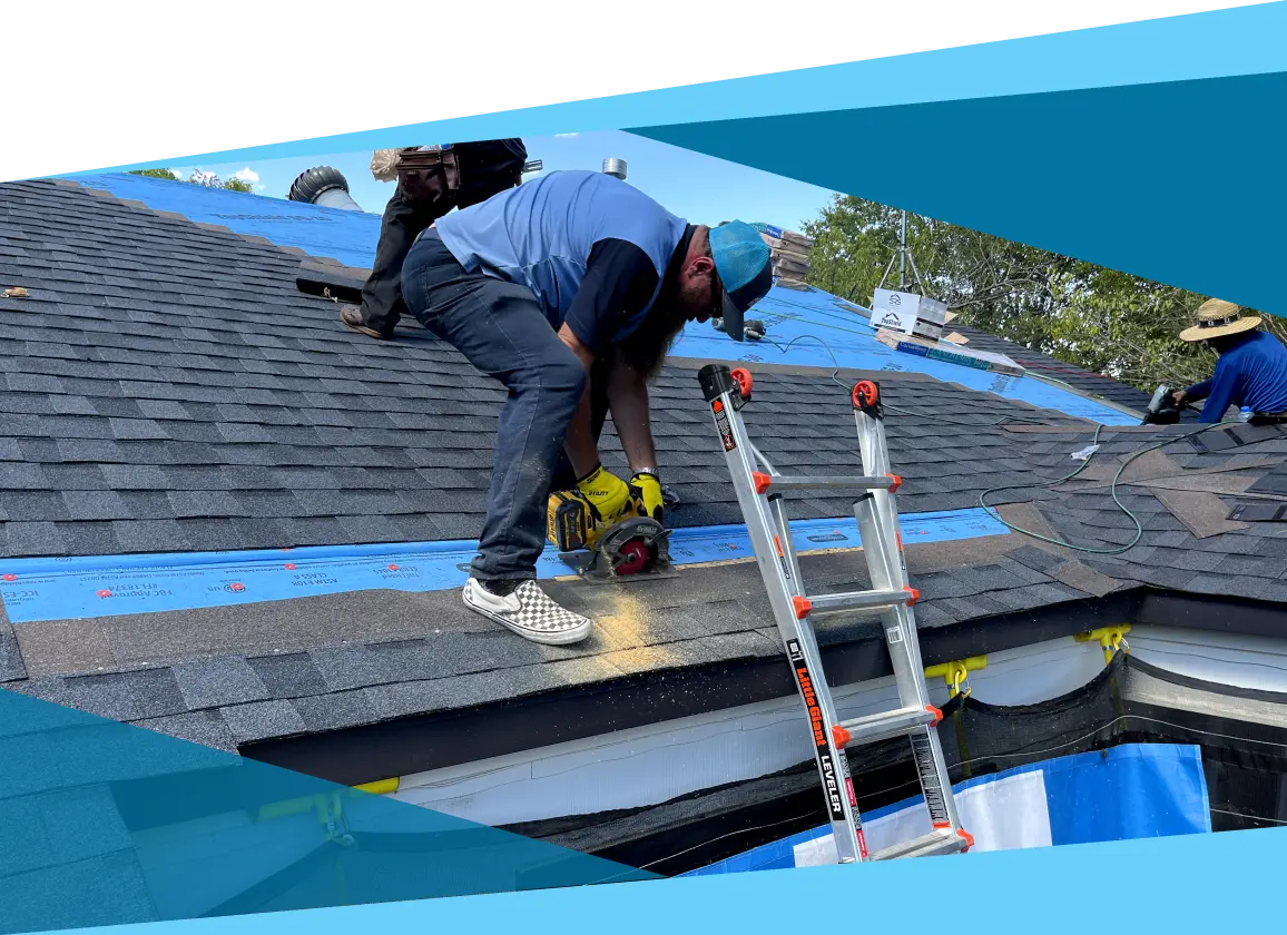 Professional roofing contractor inspecting a damaged roof